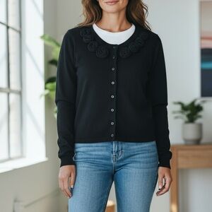 Garnet Hill Floral Appliqué Wool Cardigan Sweater Size S